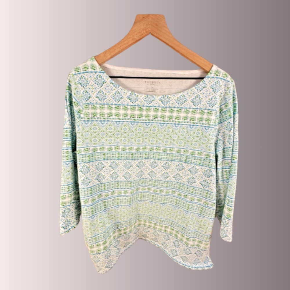 Talbots Women's Top Blue Green Geometric 3/4 Sleeve Pullover Blouse Stretch 2XL